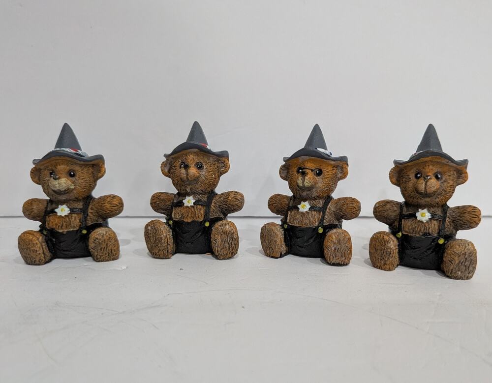 Miniature Halloween German Teddy Bears in Lederhosen Witch Hats Vtg Set of 4